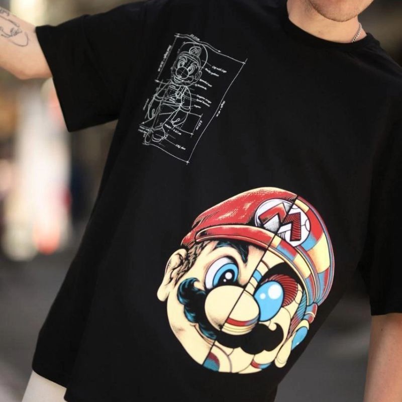 Erkek Mario Baskılı T-Shirt Oversize Kısa kol Bisiklet yaka tişort - Siyah